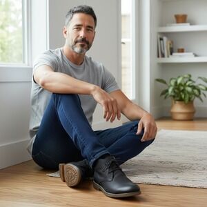 ToeCap Mens Black Faux Leather Chukka Boots Lace Up Ankle Desert Shoes 10.5